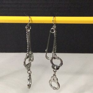 Silver Safety Pin and Hand Cuff Drop Earrings